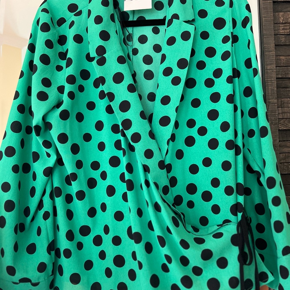Zara Green and Black Wrap Front Long Sleeve Blouse Large